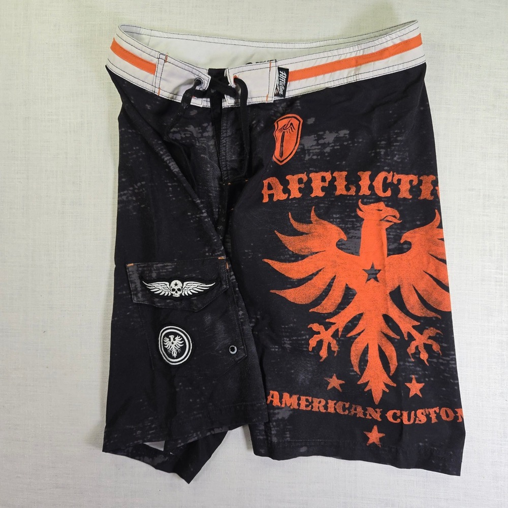 Y2K Affliction Men 32 Board Shorts MMA Grunge Cyber Skater  Black Orange Graphic